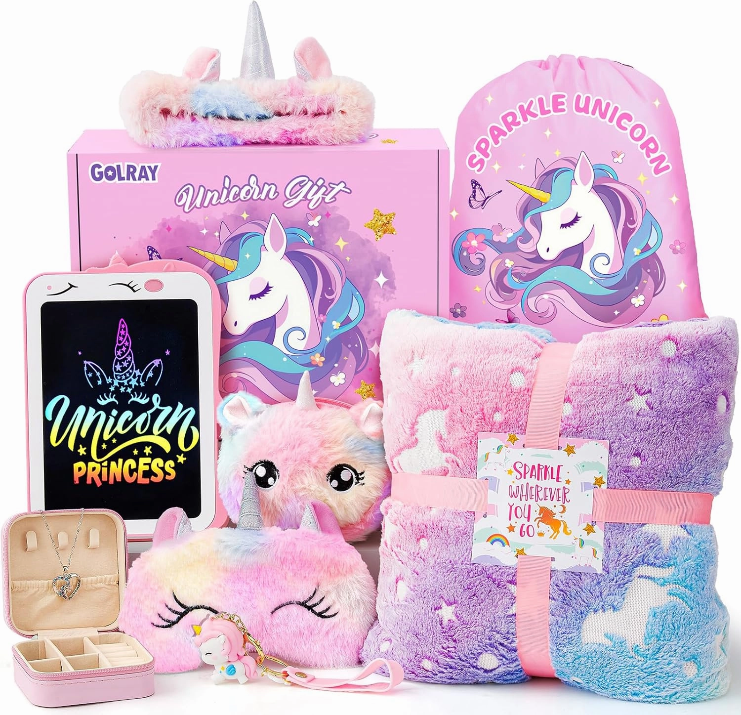 Golray 10 Pcs Unicorn Gifts for Girls Toys Christmas Birthday Gifts Kids Girls Age 3 4 5 6 7 8 9 12 with Glowing Blanket/LCD Drawing Tablet, Unicorn Kids Girls Toys for Daughter, Niece, Granddaughter