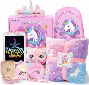 Golray 10 Pcs Unicorn Gifts for Girls Toys Christmas Birthday Gifts Kids Girls Age 3 4 5 6 7 8 9 12 with Glowing Blanket/LCD Drawing Tablet, Unicorn Kids Girls Toys for Daughter, Niece, Granddaughter
