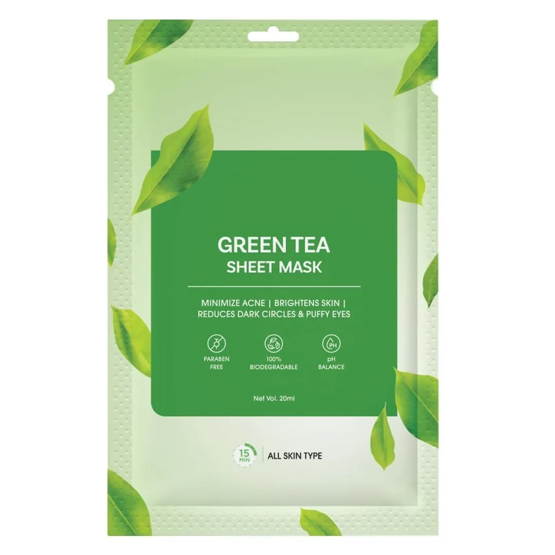 Green Tea Sheet Mask For Skin Glowing, Brightening, Hydrating Nourishing & Fights Acne & Breakouts with Hyaluronic Acid | Face Sheet Mask For Reduce Puffiness