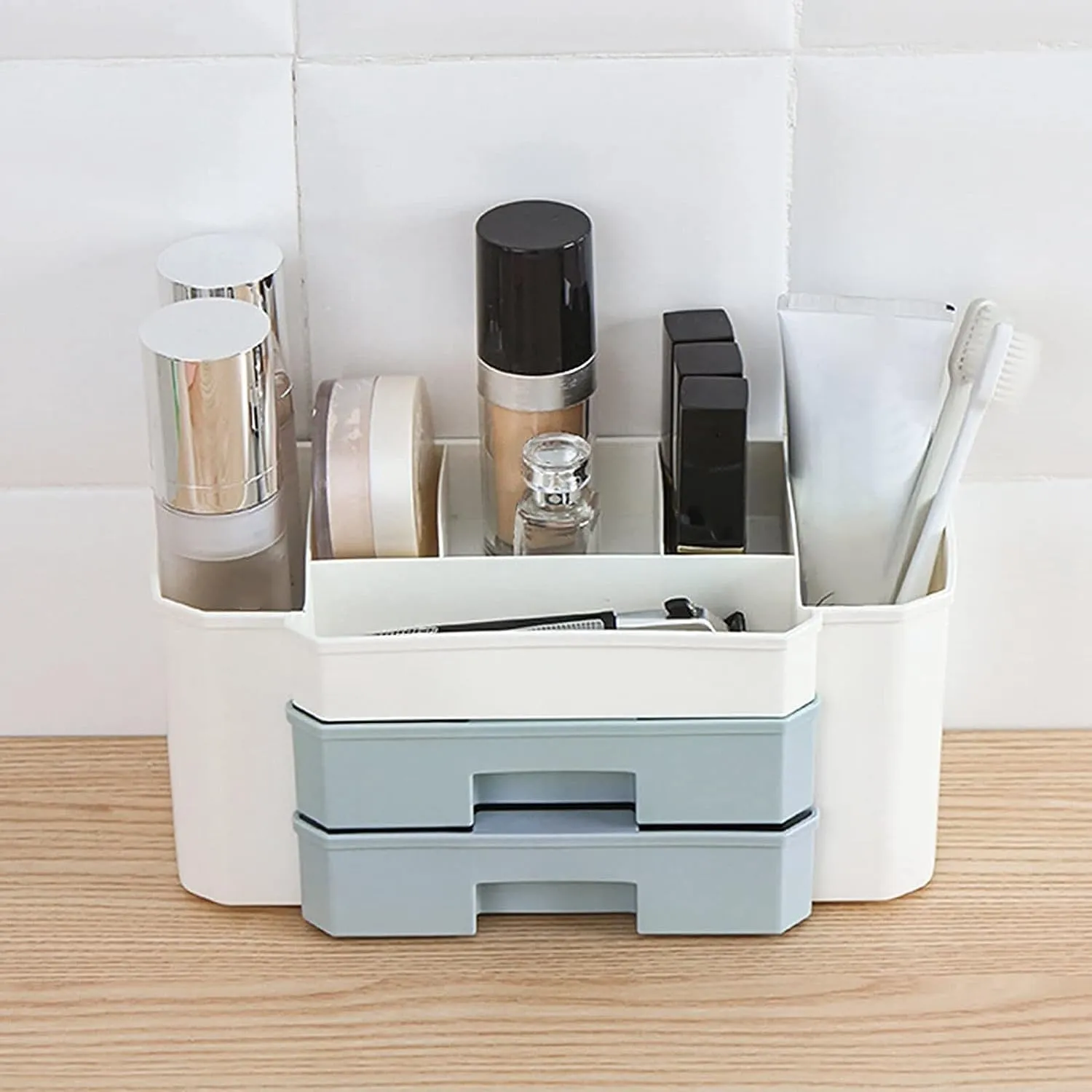 Hair Dresser Organizer Portable Cosmetic Makeup Organizer with Drawers Plastic Bathroom Storage Box Brush Lipstick Holder Makeup Organizer Drawer Design Large Capacity (2 Layer,Gray)