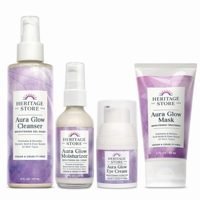 HERITAGE STORE Aura Glow Daily Skin Care Bundle - 6oz Face Cleanser, 1.9oz Gel Moisturizer, 4oz Facial Mask, 0.5oz Eye Cream - Crystal Infused w/Clear Quartz - Hypoallergenic, Vegan, 60-Day Guarantee