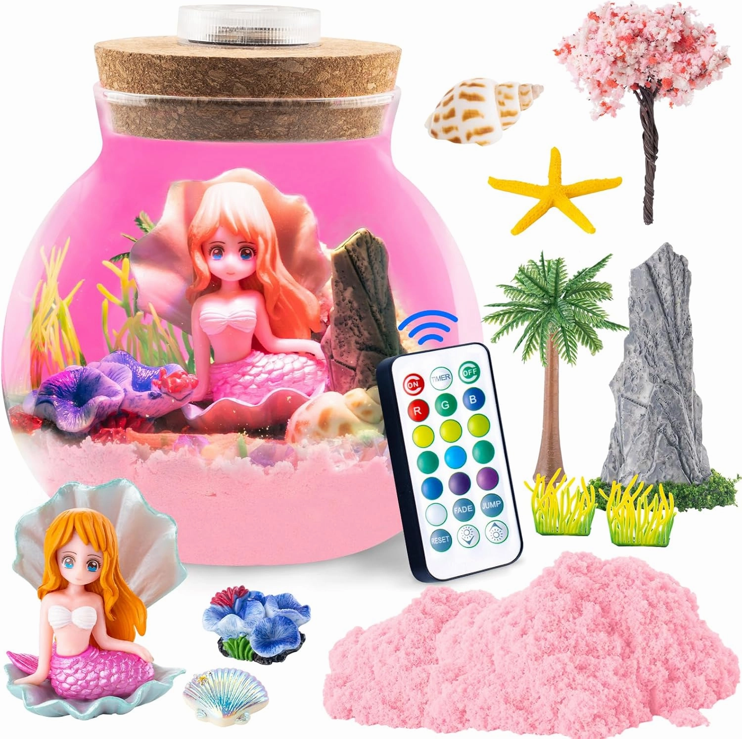 Hollyhi Terrarium Kit for Kids, Light Up Night Light Toys for 3 4 5 6 7 8 9 10 11 12 Year Old Boys Girls, DIY Mermaid Arts and Crafts for Kids Birthday Gifts (Mermaid with Pink Magic Sand)