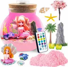 Hollyhi Terrarium Kit for Kids, Light Up Night Light Toys for 3 4 5 6 7 8 9 10 11 12 Year Old Boys Girls, DIY Mermaid Arts and Crafts for Kids Birthday Gifts (Mermaid with Pink Magic Sand)