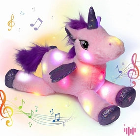Hopearl LED Musical Stuffed Unicorn Lighting Up Singing Plush Toy Adjustable Volume Lullaby Animated Soothe Birthday Festival for Kids Toddler Girls, Pink, 16''