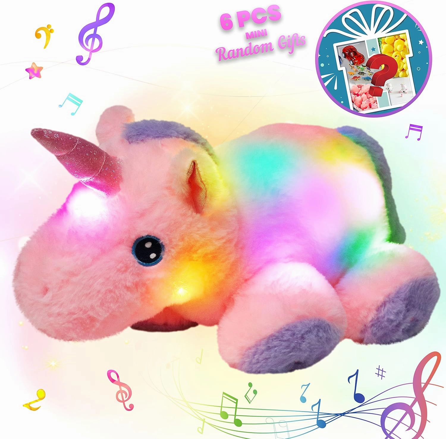 Hopearl LED Musical Stuffed Unicorn with Hidden Pockets Light up Singing Plush Toy Stuffed Animal Unicorn with 6 Mini Random Filled Toys Lullaby Animated Soothe Gifts for Kids, Pink, 16''