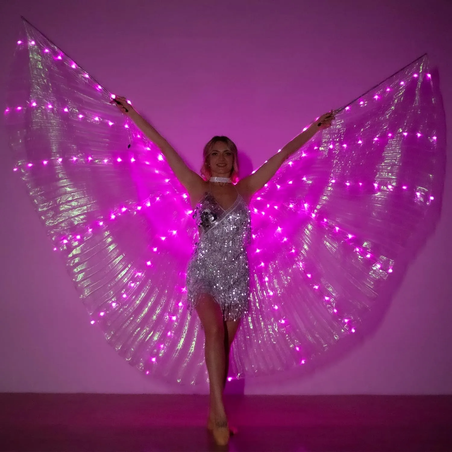 iMucci LED Lights Belly Dance Isis Wings - Bellydance Glow Angel dance Wings with Telescopic Sticks Flexible Rods for Adults and Child Pink