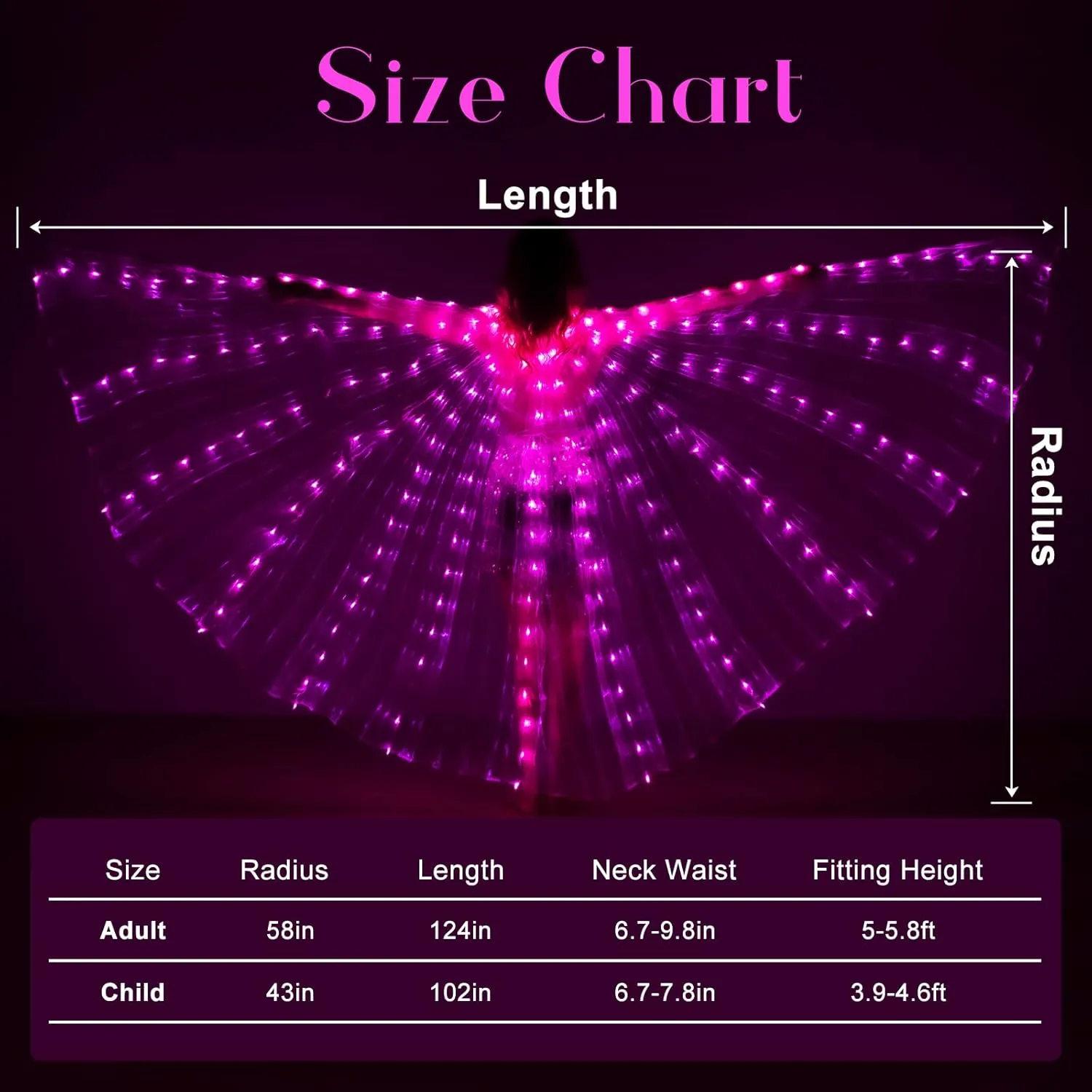 iMucci LED Lights Belly Dance Isis Wings - Bellydance Glow Angel dance Wings with Telescopic Sticks Flexible Rods for Adults and Child Pink