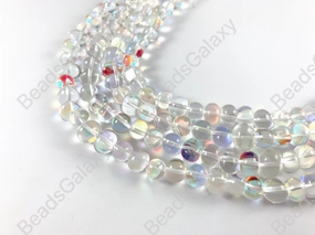 Iridescent Clear Natural Quartz Mermaid Glowing Round Beads Around 15-16"