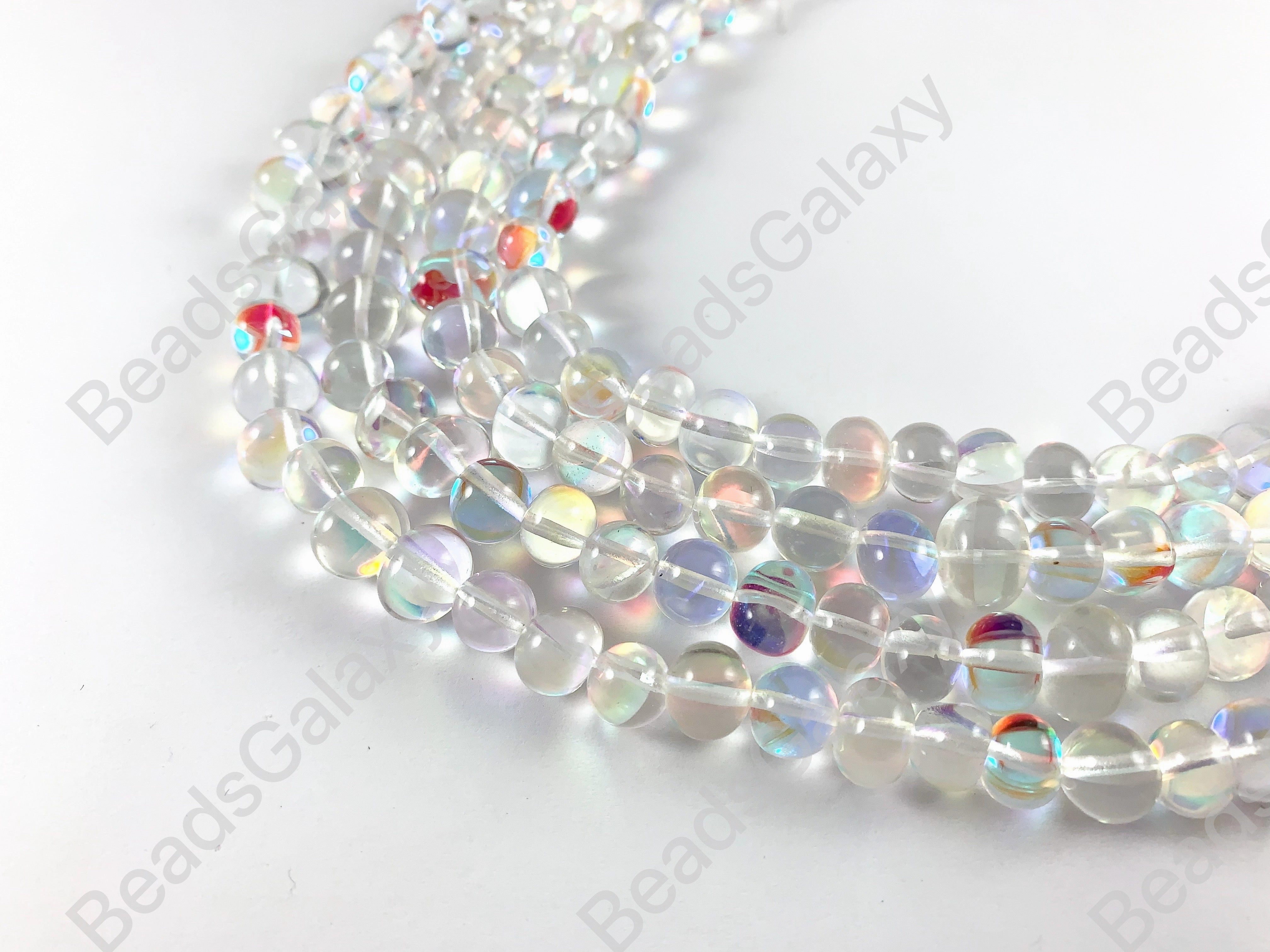 Iridescent Clear Natural Quartz Mermaid Glowing Round Beads Around 15-16"