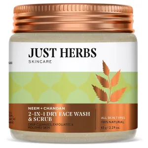 Just-Herbs Ayurvedic Aglow Neem-Chandan 2 in 1 Dry Face Wash Skin Purifying Face Cleansing Powder, 100% Natural & Certified Ayurvedic, 65 GM