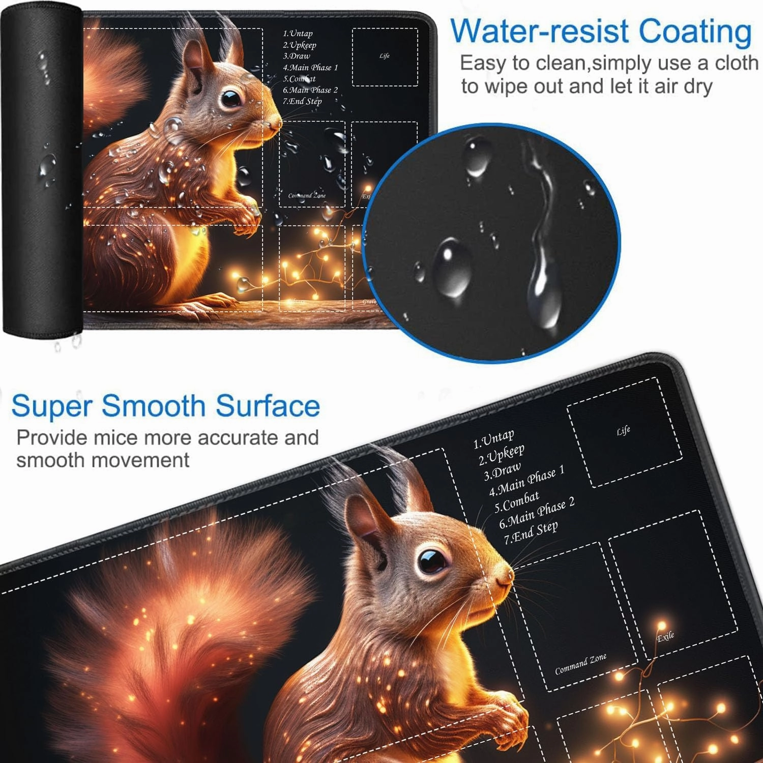 JVGFYNKL for TCG Playmat, Playmat with Zones, 24x14 in Non-Slip Rubber for MTG Playmat with Drawstring Travel Pouch and 6 Dice, Glowing Squirrel for MTG Mat, Card Game Playmats