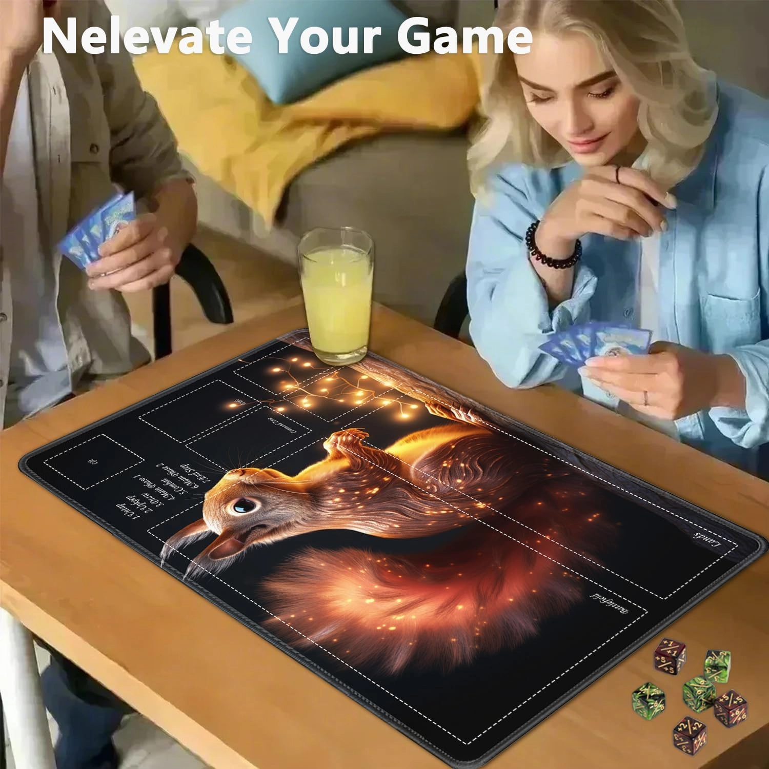 JVGFYNKL for TCG Playmat, Playmat with Zones, 24x14 in Non-Slip Rubber for MTG Playmat with Drawstring Travel Pouch and 6 Dice, Glowing Squirrel for MTG Mat, Card Game Playmats