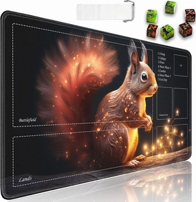 JVGFYNKL for TCG Playmat, Playmat with Zones, 24x14 in Non-Slip Rubber for MTG Playmat with Drawstring Travel Pouch and 6 Dice, Glowing Squirrel for MTG Mat, Card Game Playmats