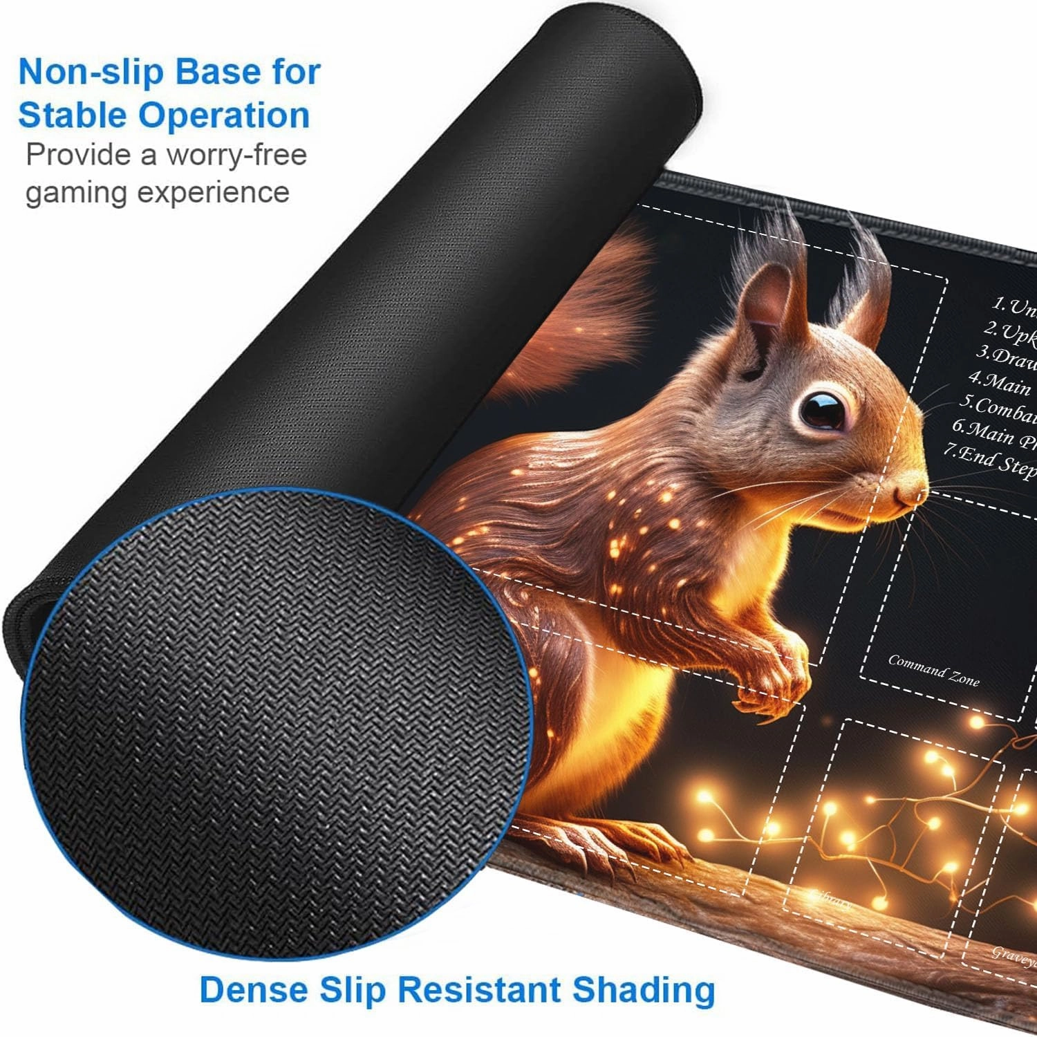 JVGFYNKL for TCG Playmat, Playmat with Zones, 24x14 in Non-Slip Rubber for MTG Playmat with Drawstring Travel Pouch and 6 Dice, Glowing Squirrel for MTG Mat, Card Game Playmats