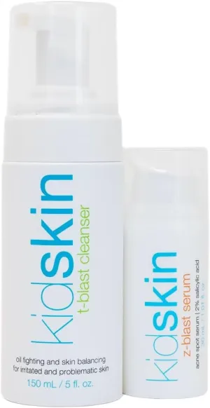 Kidskin T-Blast Facial Cleanser & Z-Blast Acne Serum for Kids and Teens - Gentle Tea Tree Oil Cleanser & Salicylic Acid Acne Treatment, Skin Care for Acne-Prone, Oily or Dry Skin, 150 ml & 1 fl oz