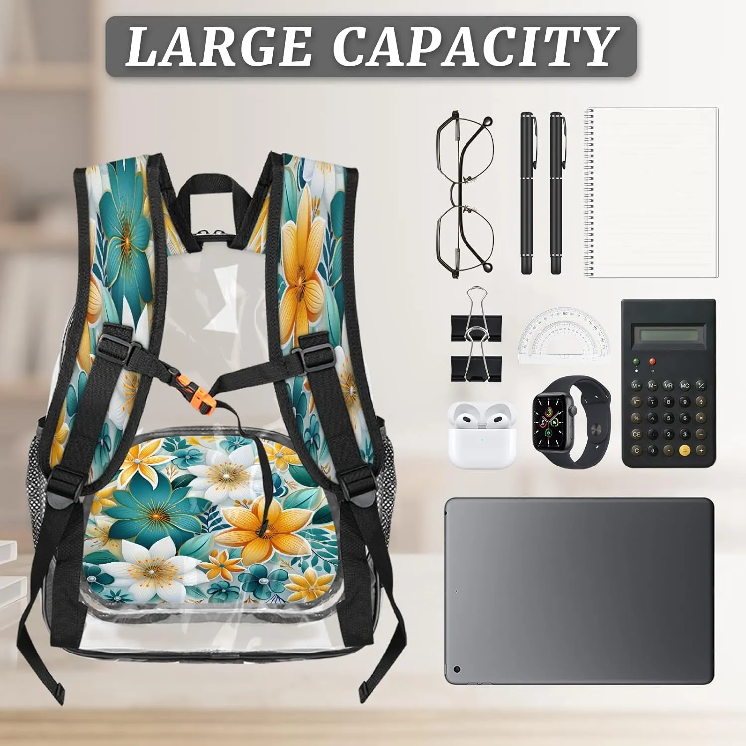 KOBLEN Glowing Color Florals 17.1 Inch Clear Backpack, Heavy Duty Transparent PVC Daypack with Adjustable Padded Straps, Large Capacity Clear Bag for Festival, Concerts, Travel