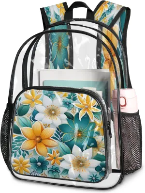 KOBLEN Glowing Color Florals 17.1 Inch Clear Backpack, Heavy Duty Transparent PVC Daypack with Adjustable Padded Straps, Large Capacity Clear Bag for Festival, Concerts, Travel