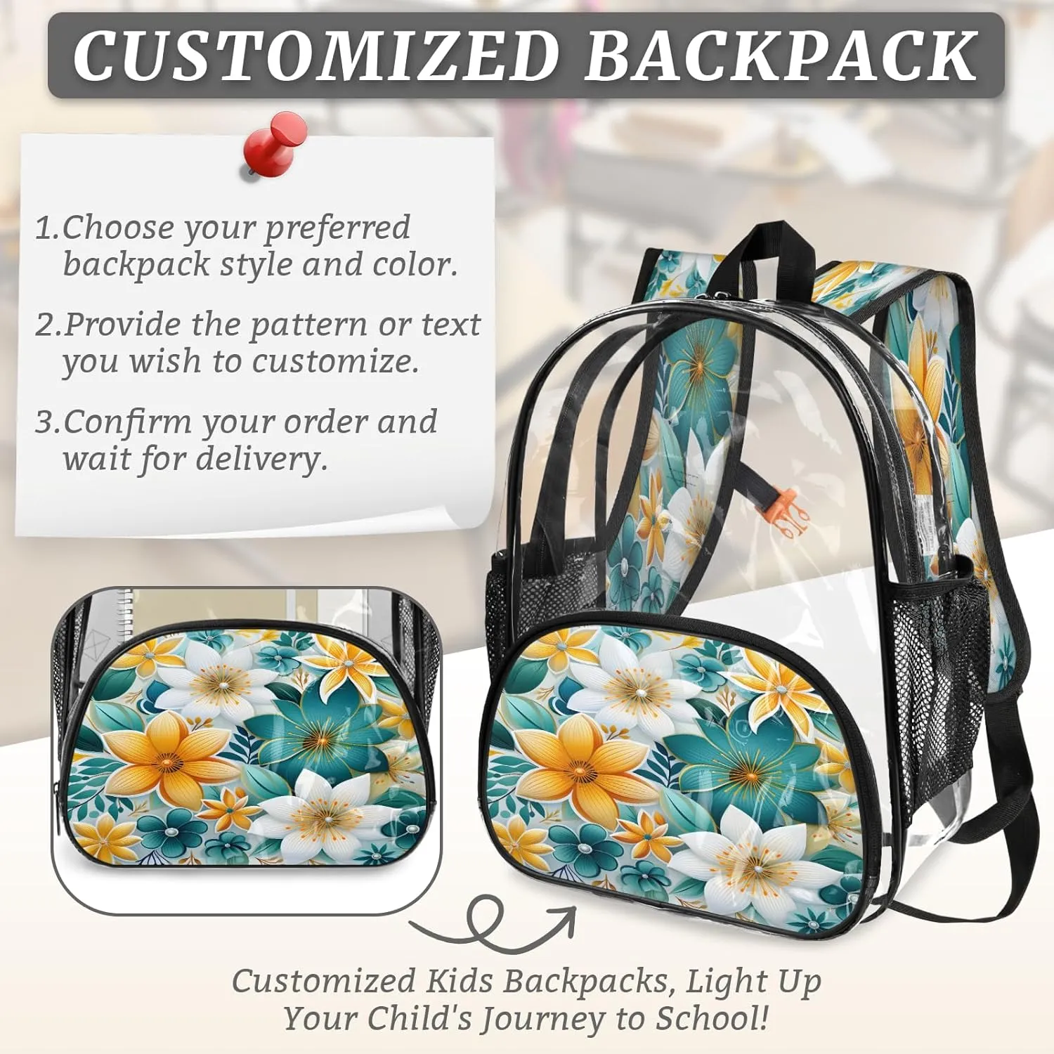 KOBLEN Glowing Color Florals 17.1 Inch Clear Backpack, Heavy Duty Transparent PVC Daypack with Adjustable Padded Straps, Large Capacity Clear Bag for Festival, Concerts, Travel