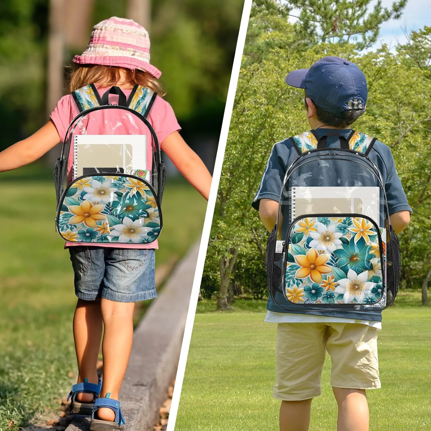 KOBLEN Glowing Color Florals 17.1 Inch Clear Backpack, Heavy Duty Transparent PVC Daypack with Adjustable Padded Straps, Large Capacity Clear Bag for Festival, Concerts, Travel