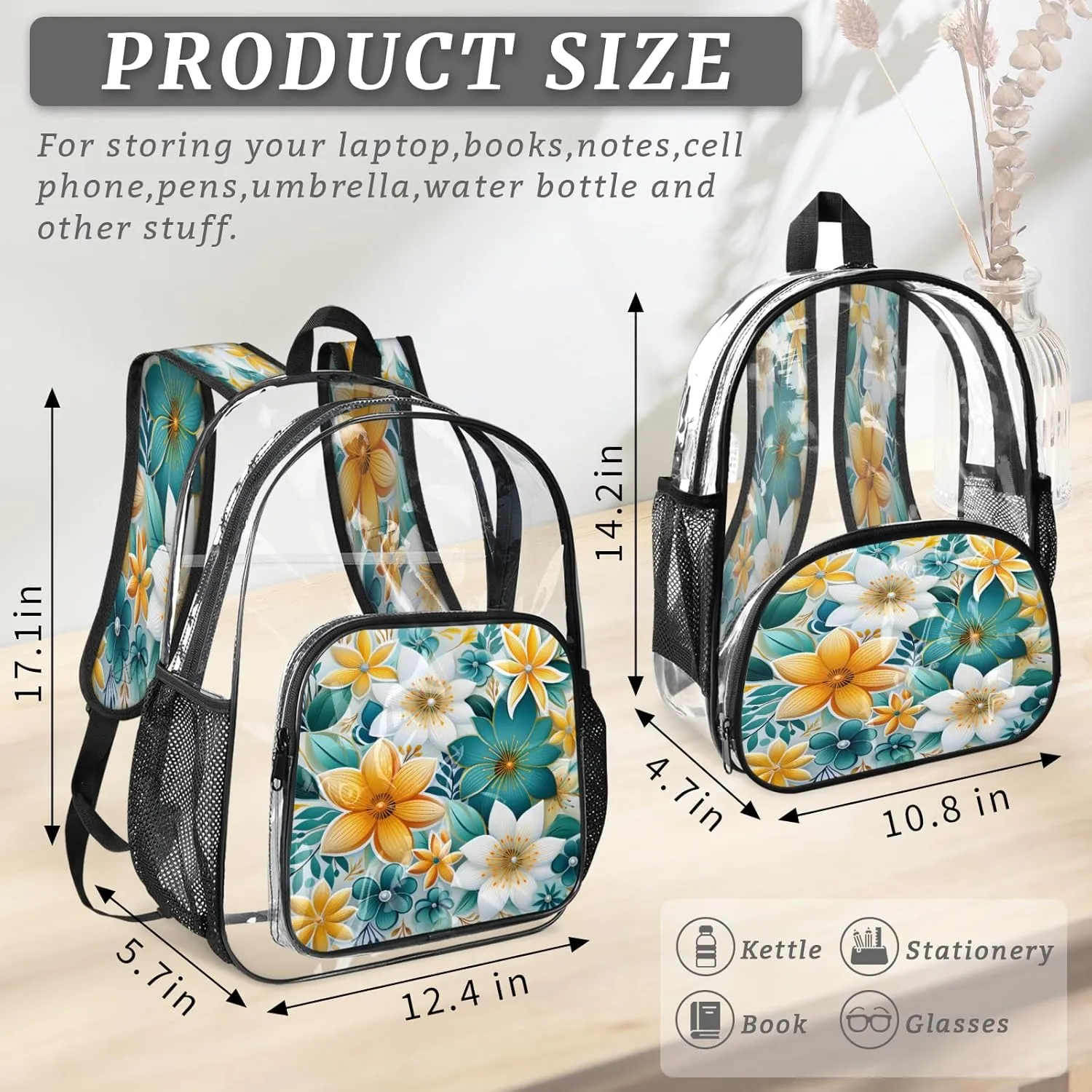 KOBLEN Glowing Color Florals 17.1 Inch Clear Backpack, Heavy Duty Transparent PVC Daypack with Adjustable Padded Straps, Large Capacity Clear Bag for Festival, Concerts, Travel
