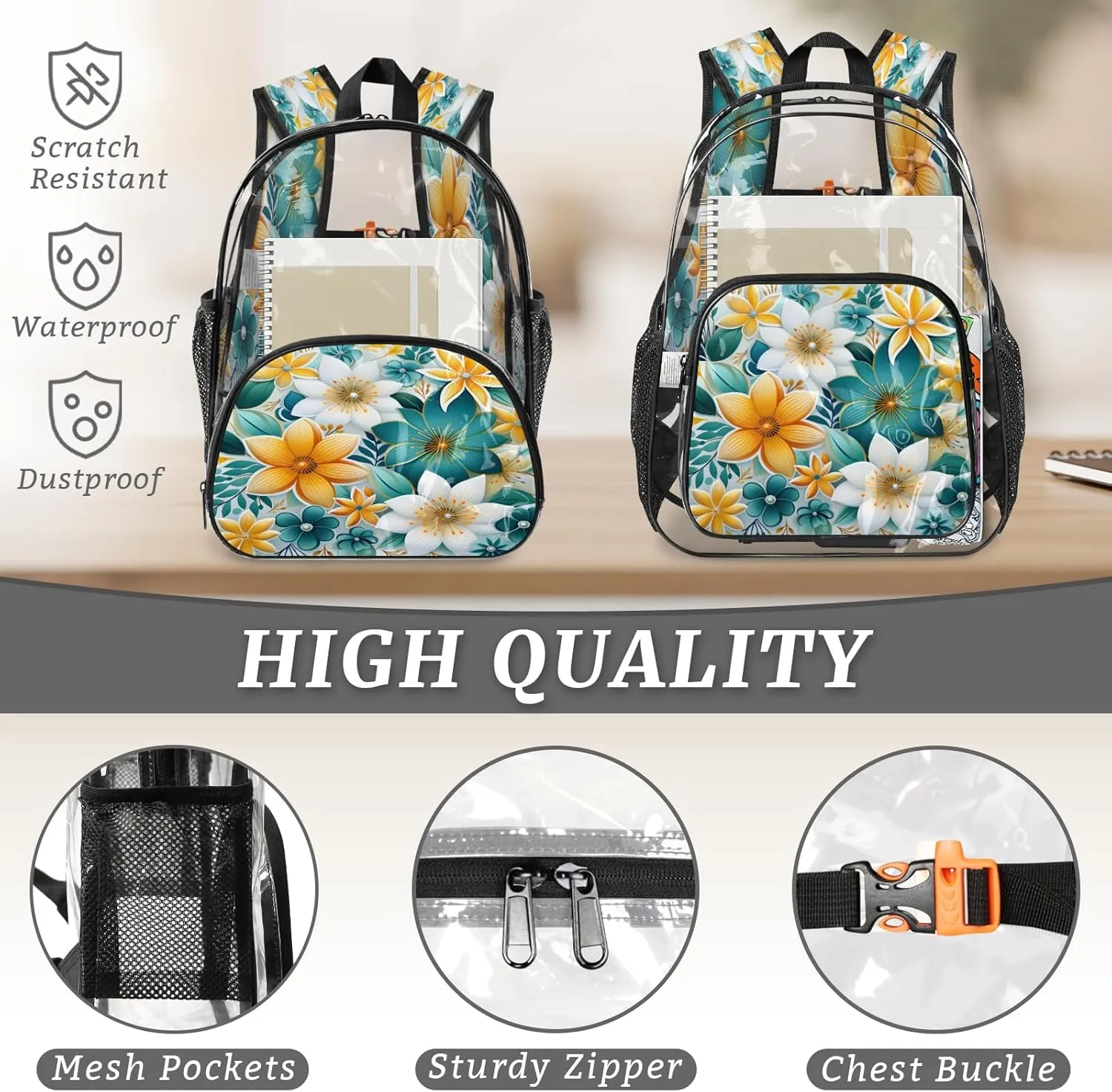 KOBLEN Glowing Color Florals 17.1 Inch Clear Backpack, Heavy Duty Transparent PVC Daypack with Adjustable Padded Straps, Large Capacity Clear Bag for Festival, Concerts, Travel