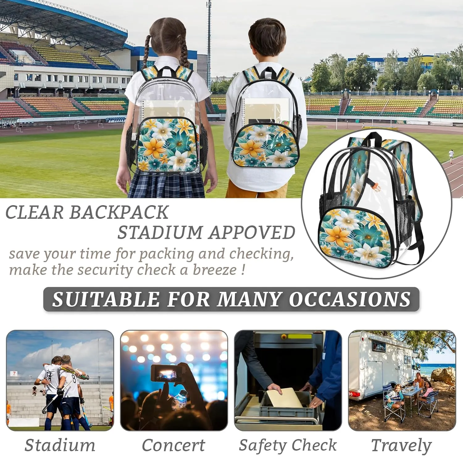 KOBLEN Glowing Color Florals 17.1 Inch Clear Backpack, Heavy Duty Transparent PVC Daypack with Adjustable Padded Straps, Large Capacity Clear Bag for Festival, Concerts, Travel