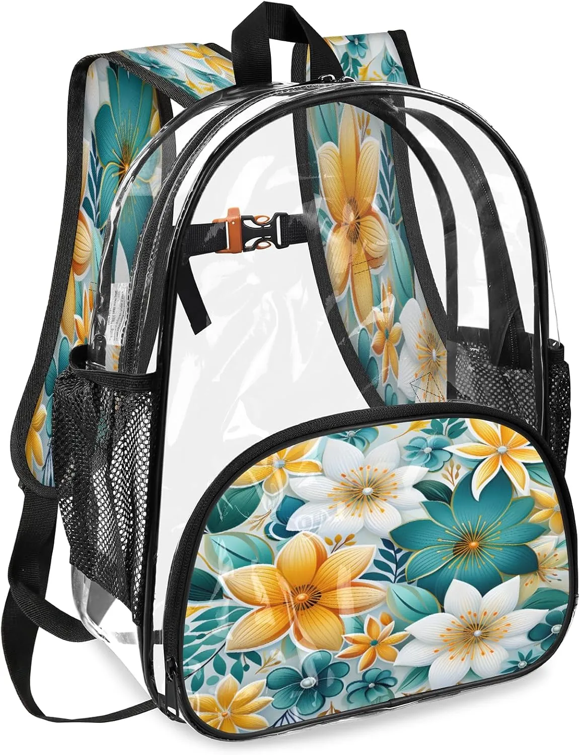 KOBLEN Glowing Color Florals 17.1 Inch Clear Backpack, Heavy Duty Transparent PVC Daypack with Adjustable Padded Straps, Large Capacity Clear Bag for Festival, Concerts, Travel