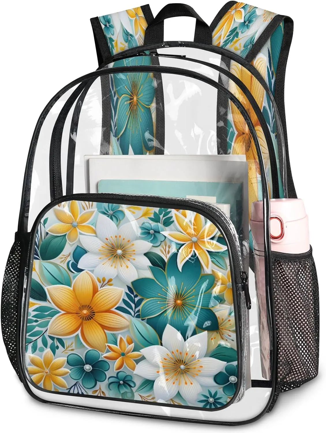 KOBLEN Glowing Color Florals 17.1 Inch Clear Backpack, Heavy Duty Transparent PVC Daypack with Adjustable Padded Straps, Large Capacity Clear Bag for Festival, Concerts, Travel
