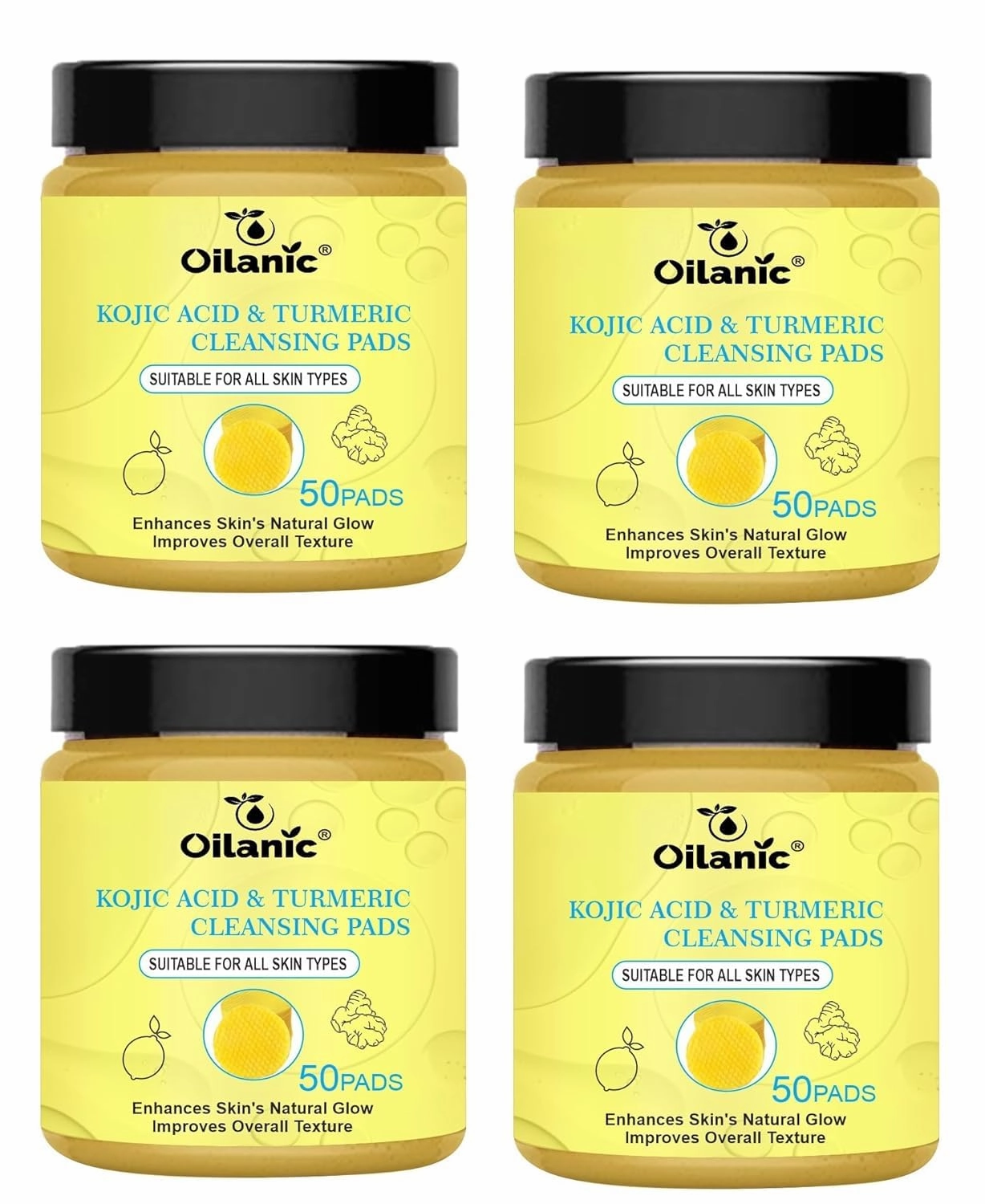Kojic and Turmeric Cleansing Pads for Glowing Skin (Pack of 4, Each 50 PCS)|Brightening and Face Pads for Clear, Deep Cleansing and Hydrating Formula, for Brighten Skin|