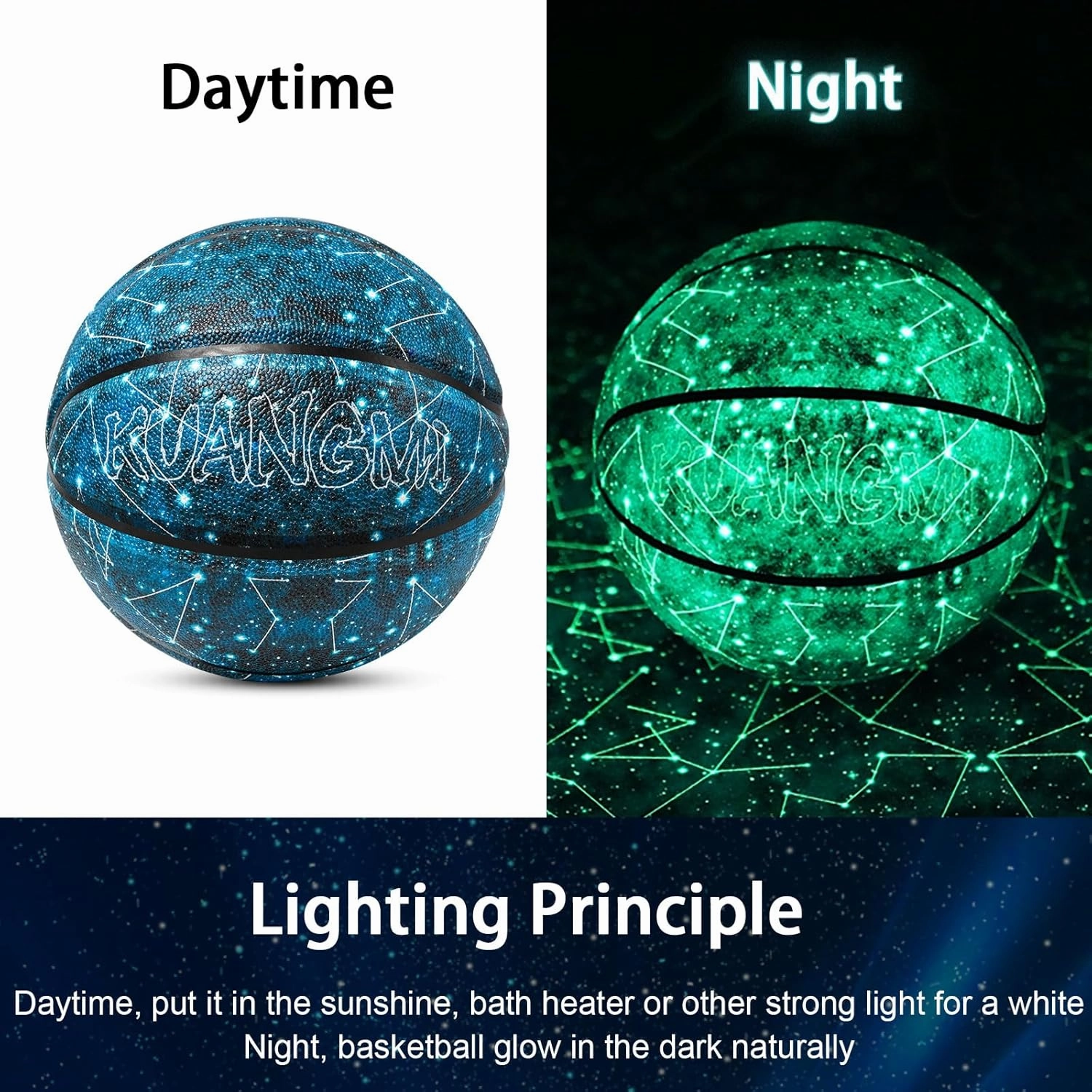 Kuangmi Glow in The Dark Basketball, Luminous Glowing Composite Leather Ball Gifts for Men, Women, Teenager, Indoor & Outdoor Night Basketball, Size 5/Size 6/Size 7