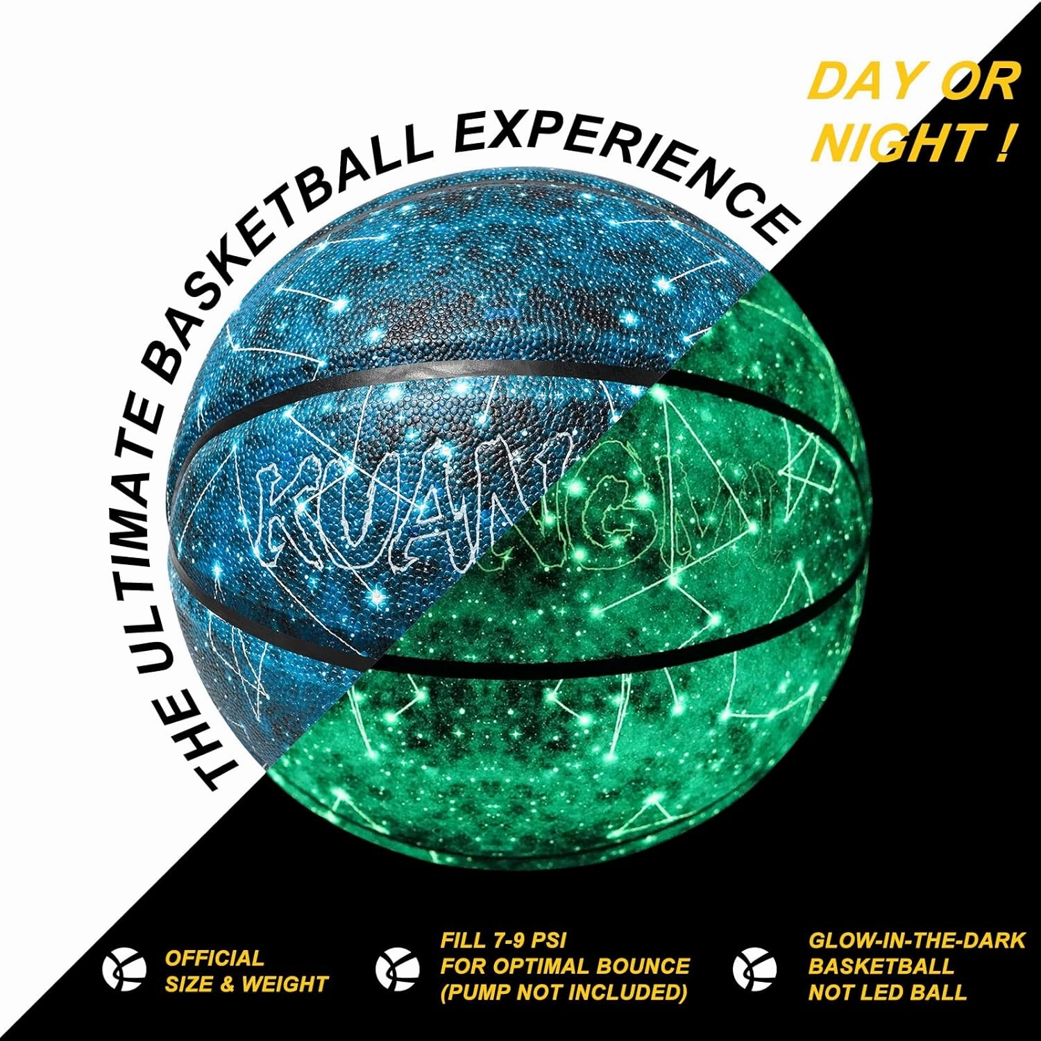 Kuangmi Glow in The Dark Basketball, Luminous Glowing Composite Leather Ball Gifts for Men, Women, Teenager, Indoor & Outdoor Night Basketball, Size 5/Size 6/Size 7