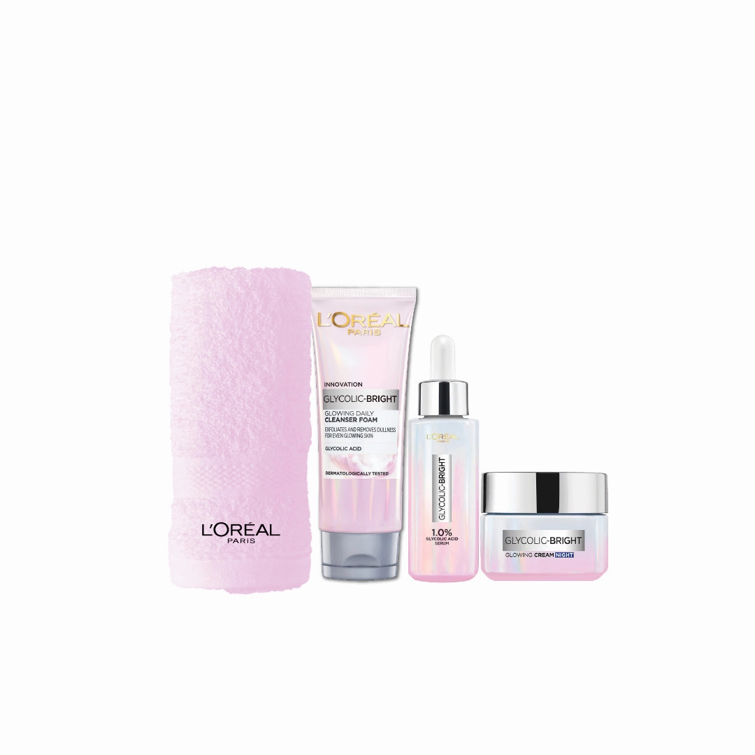 L'oreal Paris Glycolic Bright Glow Solution Bundle 20% Off   Free Towel