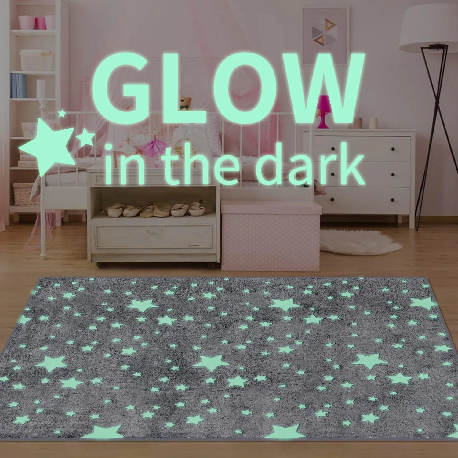 Large Area Rug Carpet Glowing in The Dark Big Stars for Children Room Decor, Funny for Babyroom and Living Room, Rectangular Mat for Kids Bedroom Size 5'x6'