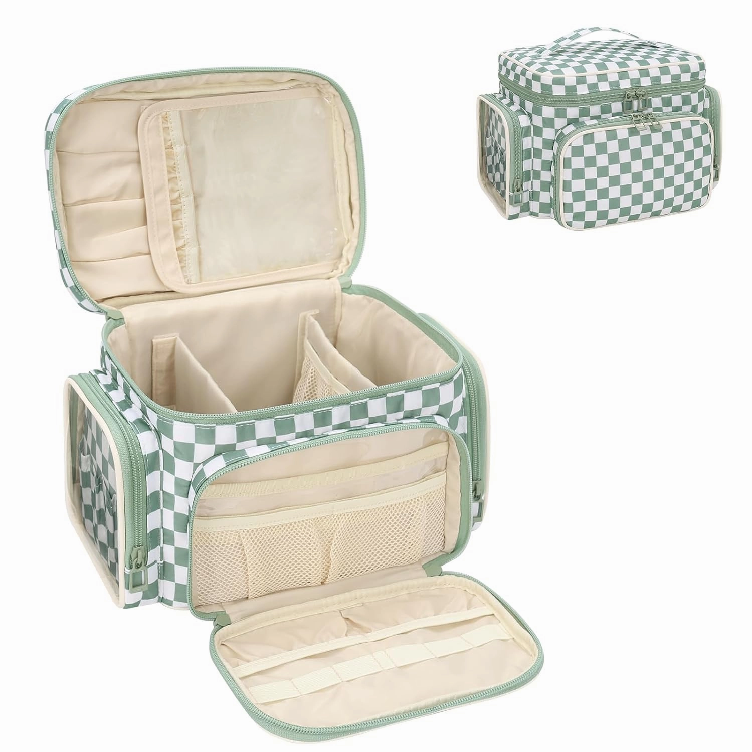 Large Checkered Makeup Bag, Portable Travel Makeup Bag Organizer for Women Girls with Makeup Brush Compartment & Two Side Pockets, Cosmetic Travel Bag Vertical Storage Toiletry Bag- Green1