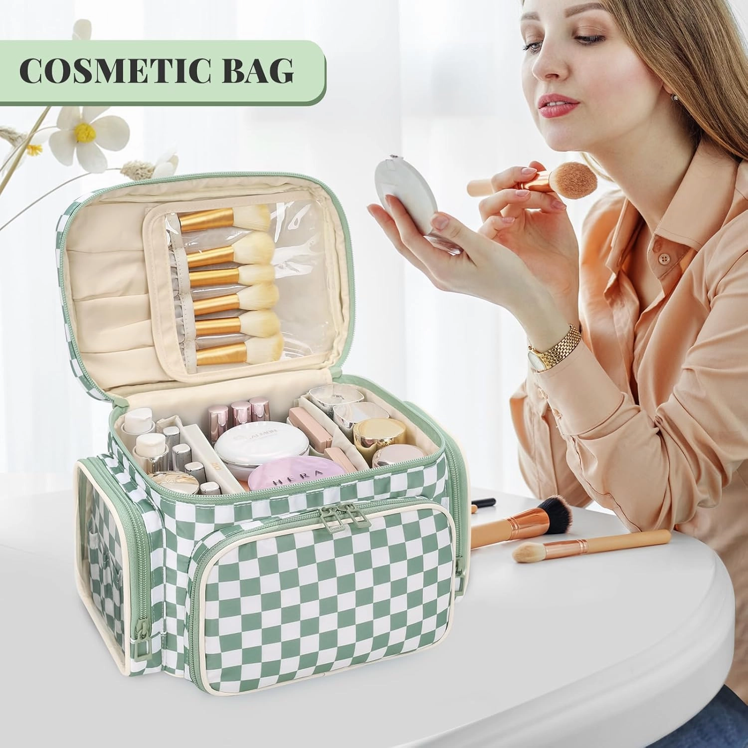 Large Checkered Makeup Bag, Portable Travel Makeup Bag Organizer for Women Girls with Makeup Brush Compartment & Two Side Pockets, Cosmetic Travel Bag Vertical Storage Toiletry Bag- Green1