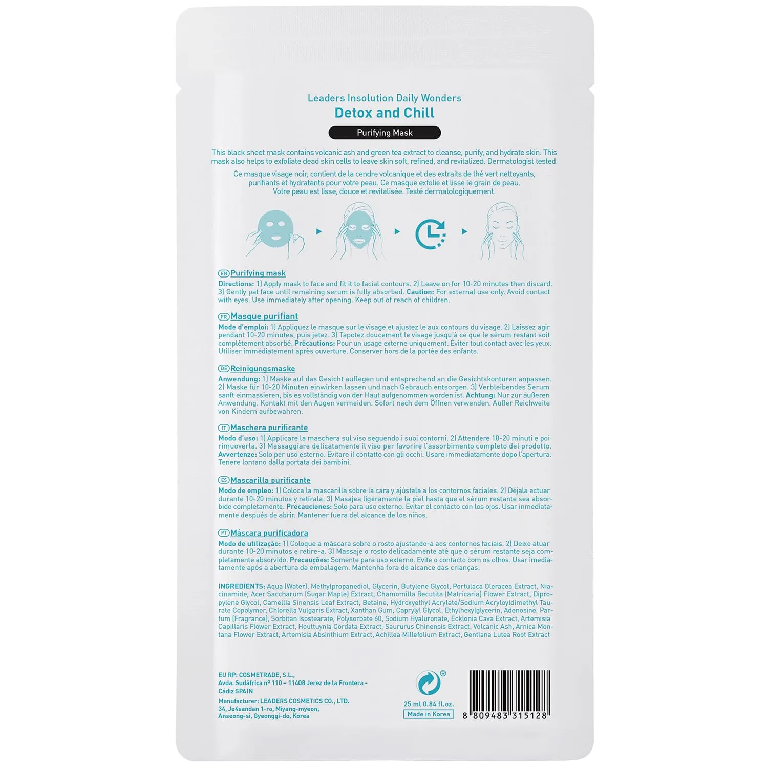 Leaders Insolution Daily Wonders Detox and Chill Facial Mask Sheet Activated Charcoal Purifying Pore Minimizing Exfoliating Dead Skin Korean Skincare (10 Sheets)