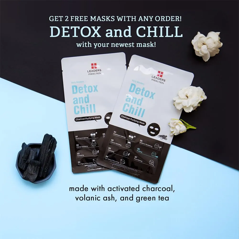 Leaders Insolution Daily Wonders Detox and Chill Facial Mask Sheet Activated Charcoal Purifying Pore Minimizing Exfoliating Dead Skin Korean Skincare (10 Sheets)