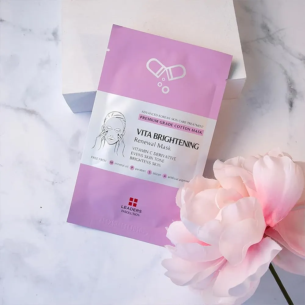 Leaders Insolution VITA Brightening Skin Renewal Mask | Vitamin C & Niacinamide for Dark Spot Reduction and Luminous Glow | 100% Natural Cotton Sheet for Dull Skin (10 Sheets)