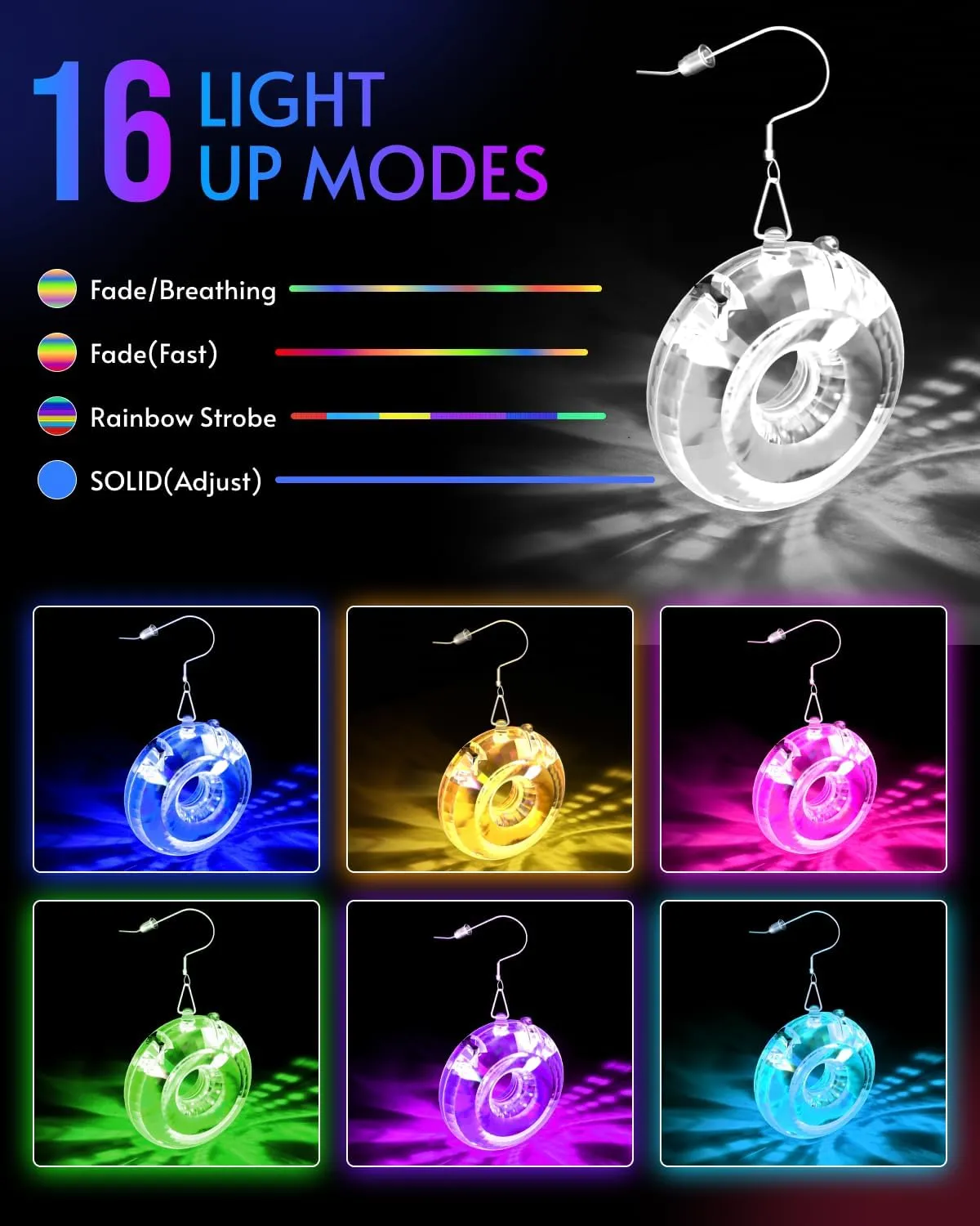 LED Hoop Disco Earrings with 16 Lighting Modes | USB-Rechargeable Wireless Light Up Earrings for Parties, Raves, Concerts & Festivals | Sparkling Dance Accessories for Women