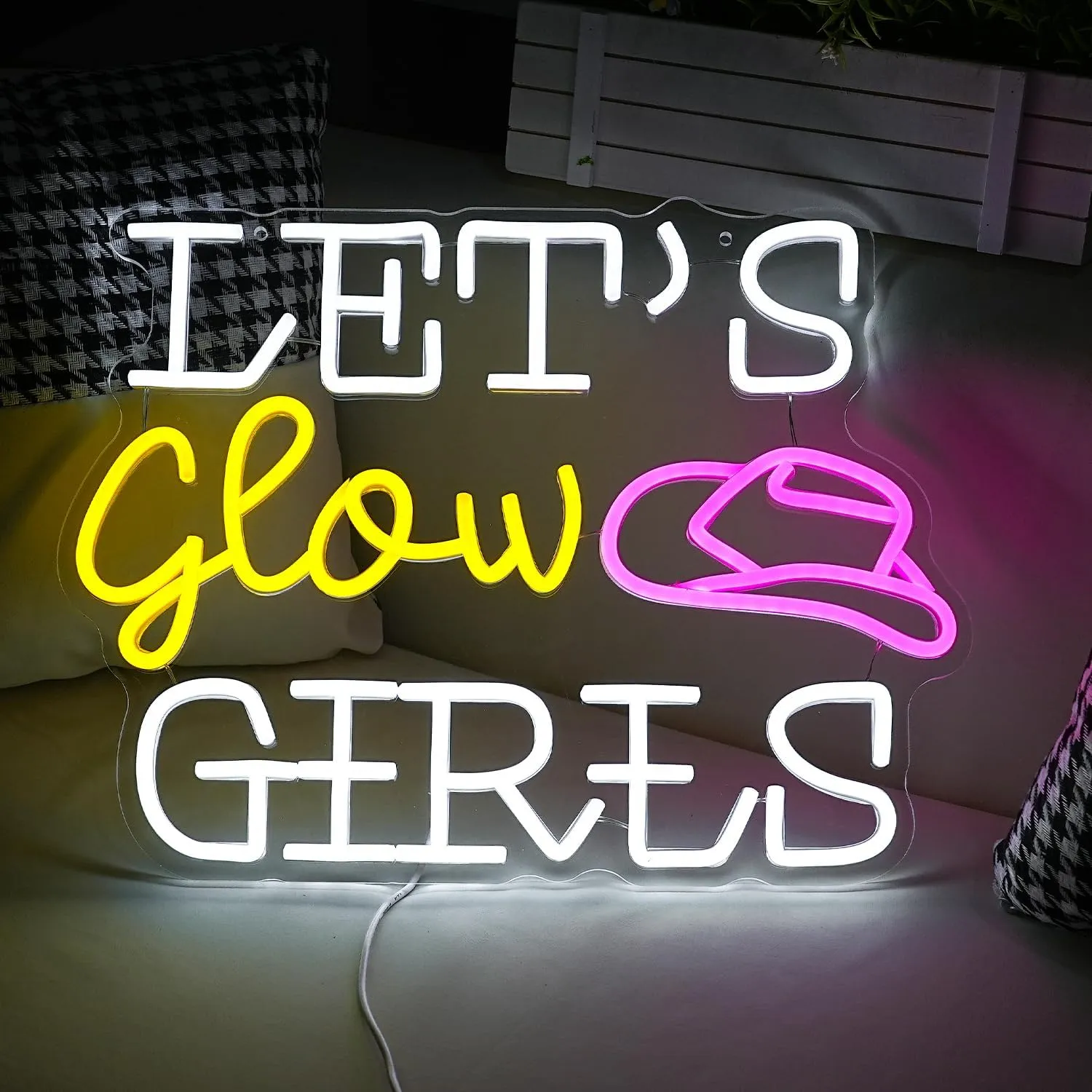 Let’s Glow Girls Neon Sign for Wall Decor 16.5‘’*12.2‘’ Light Up Sign Powered by USB Dimmable Led Cowboy Hat Neon Light for Girls Room Bedroom Party Wedding Gifts (White Yellow Pink)