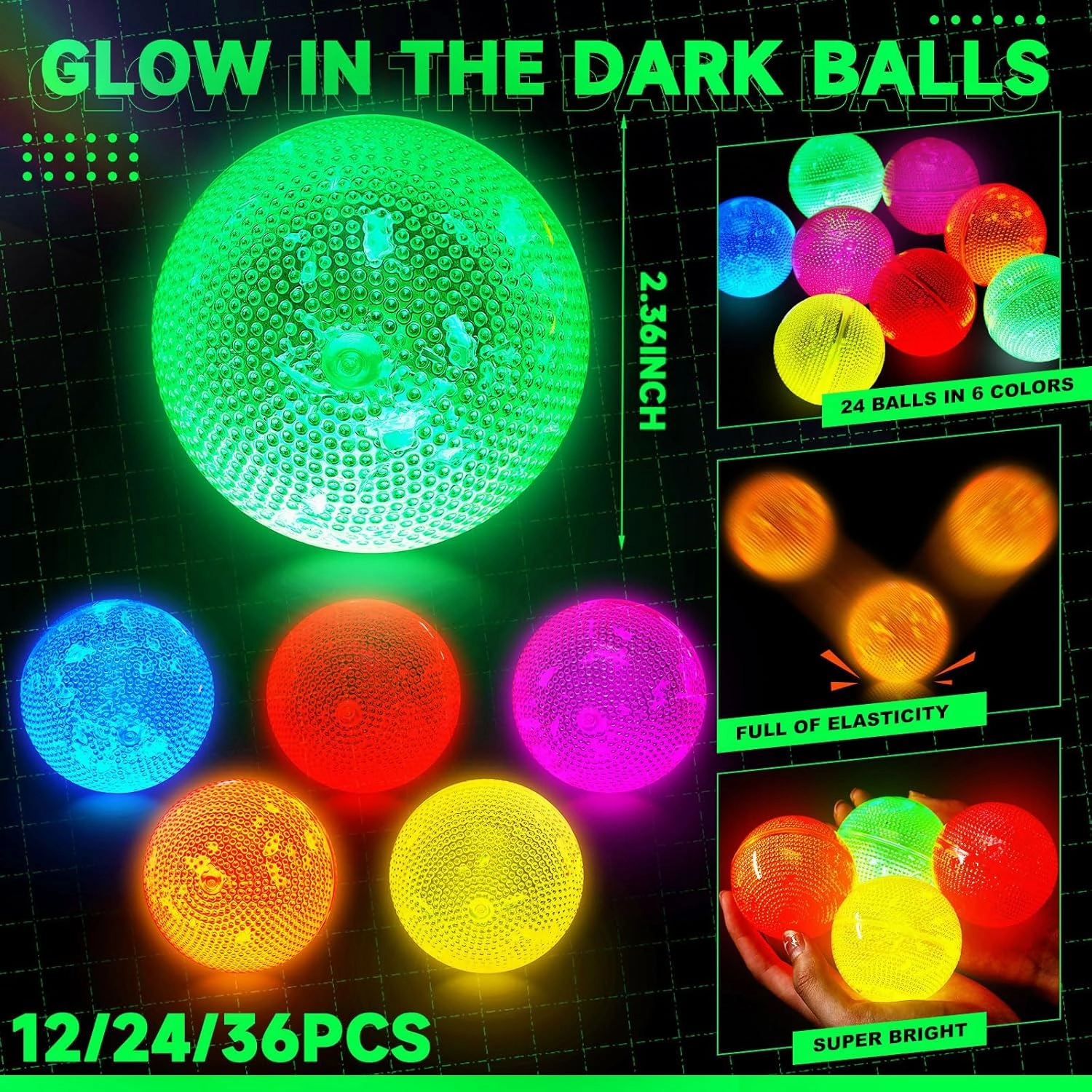 Lewtemi 36 Pcs Glow in The Dark Balls Bulk Lighted Glowing Bouncy Rubber Stick Balls Supplies for Carnival Valentine Birthday Goodie Bag Fillers