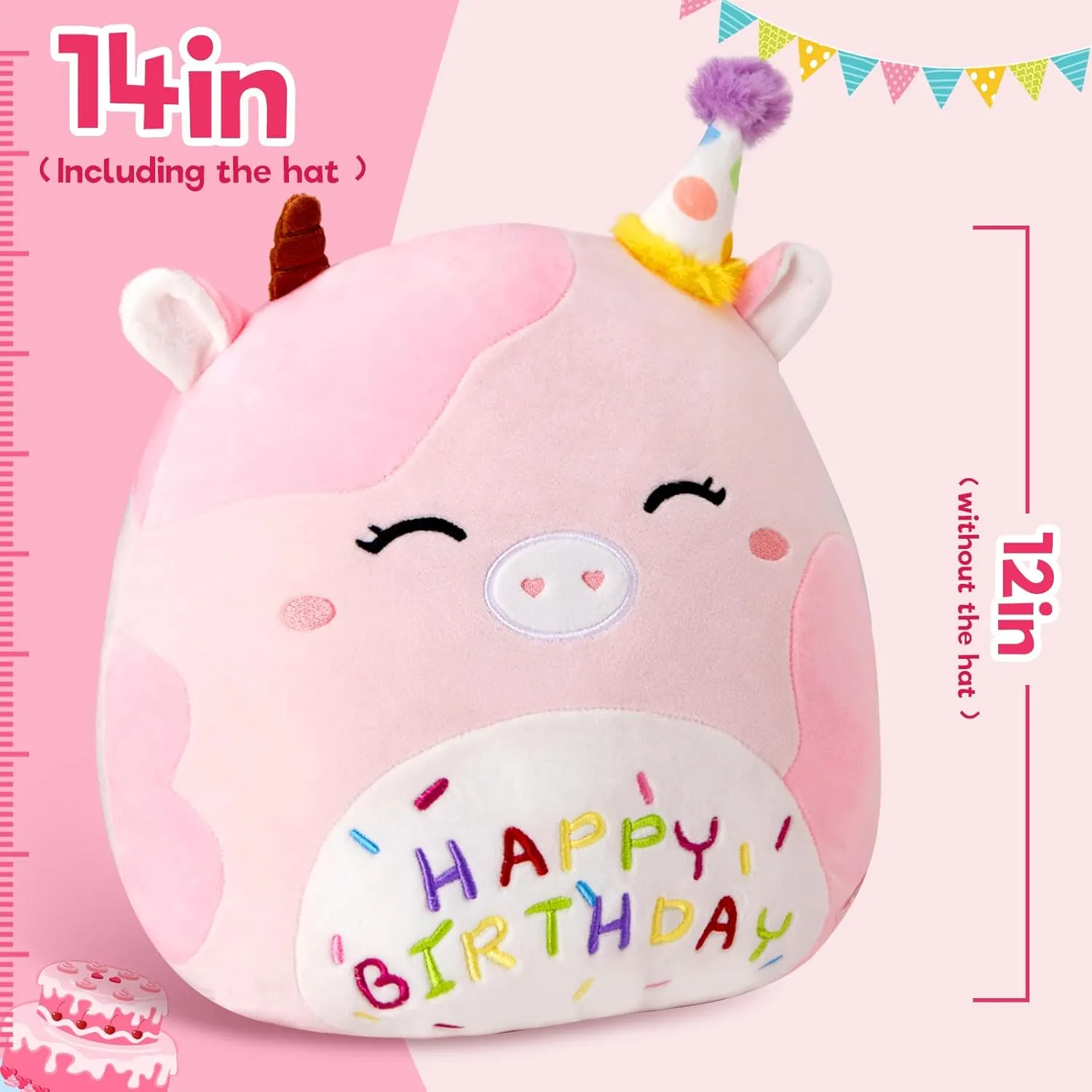 Light up Musical Happy Birthday Cow Plush Pillow,LED Stuffed Animals,Pink Cow Glowing Singing Plush Toy,Cute Plushie Doll Birthday Gift for Toddler Boys Girls,14''