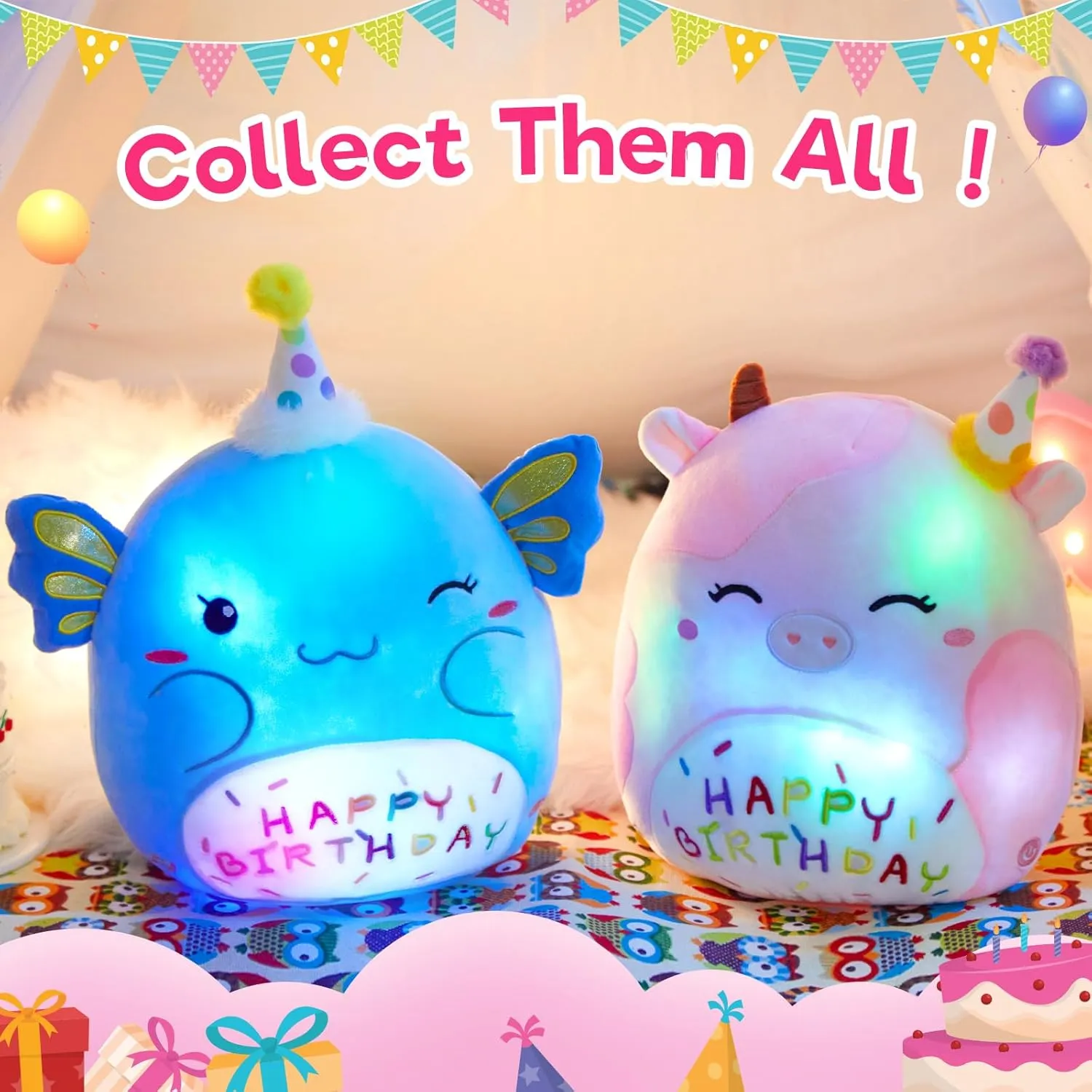 Light up Musical Happy Birthday Cow Plush Pillow,LED Stuffed Animals,Pink Cow Glowing Singing Plush Toy,Cute Plushie Doll Birthday Gift for Toddler Boys Girls,14''