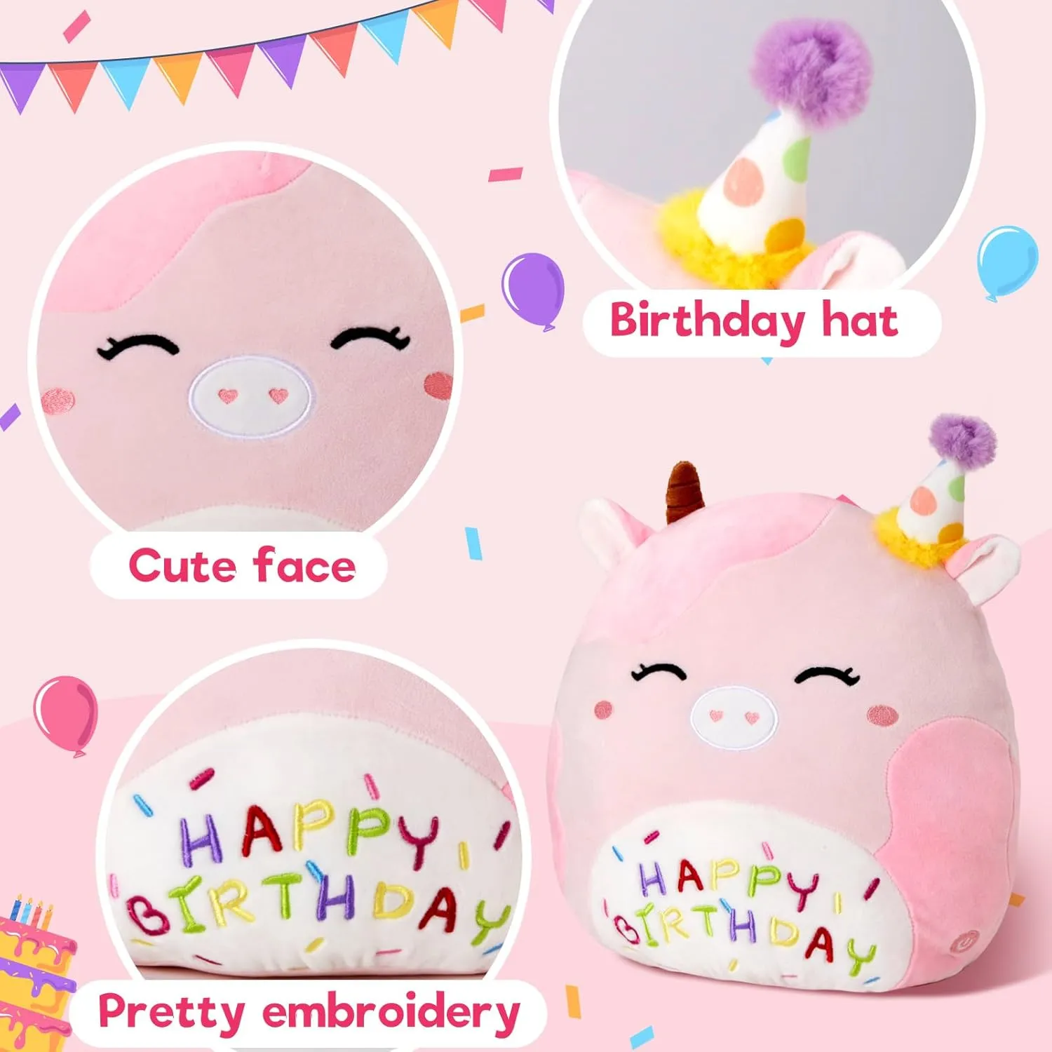 Light up Musical Happy Birthday Cow Plush Pillow,LED Stuffed Animals,Pink Cow Glowing Singing Plush Toy,Cute Plushie Doll Birthday Gift for Toddler Boys Girls,14''