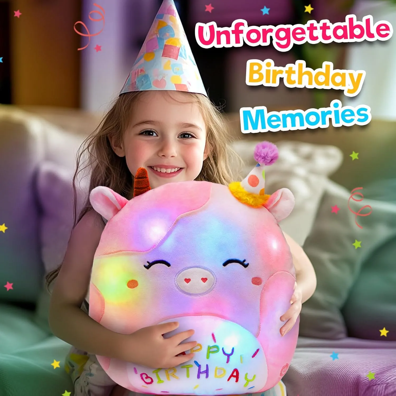 Light up Musical Happy Birthday Cow Plush Pillow,LED Stuffed Animals,Pink Cow Glowing Singing Plush Toy,Cute Plushie Doll Birthday Gift for Toddler Boys Girls,14''