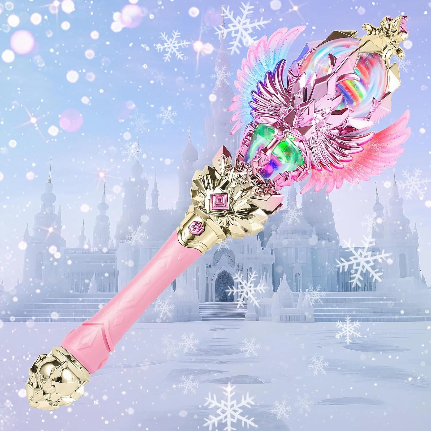 Light Up Magic Princess Wand – Dual Lights, Spinning LEDs with Sound, Snowflake Fairy Wand for Dress-Up, Cosplay, Birthday Gift for Kids, Pink