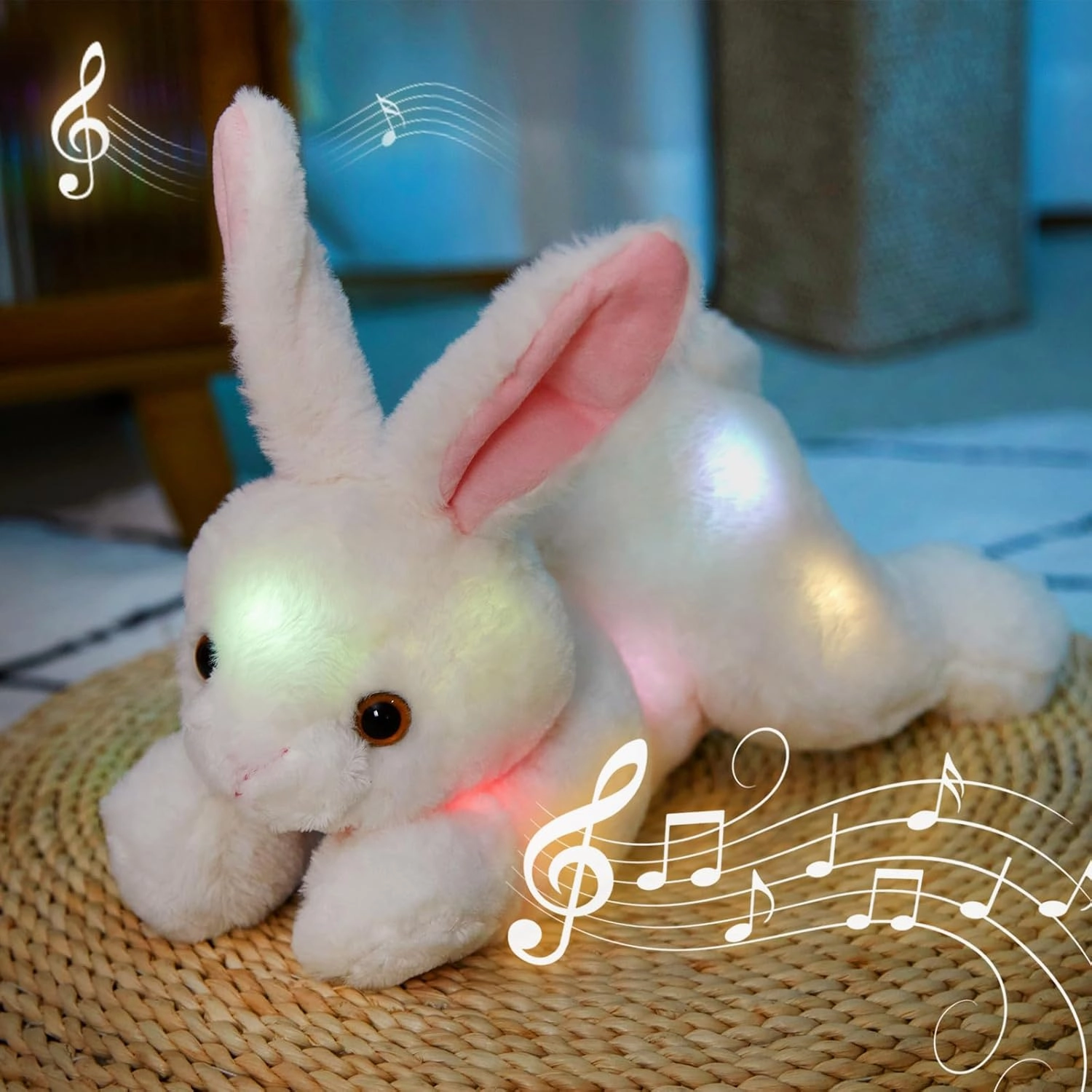 Light up Music Plush Bunny Rabbit Stuffed Animal Rabbit Plushie Toy Glow in The Dark Bedtime Companion Easter Bunny Gift for Kids, 14’’Best Gifts for Easter Day(LED & Musical)