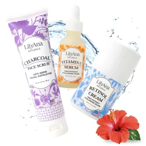 LilyAna Naturals Retinol Cream Moisturizer 1.7 oz, Charcoal Face Scrub 3 oz, Vitamin C Serum 1 oz Bundle - Anti Aging Wrinkle Cream for Face and Anti-Aging Brightening Serum and Facial Exfoliator