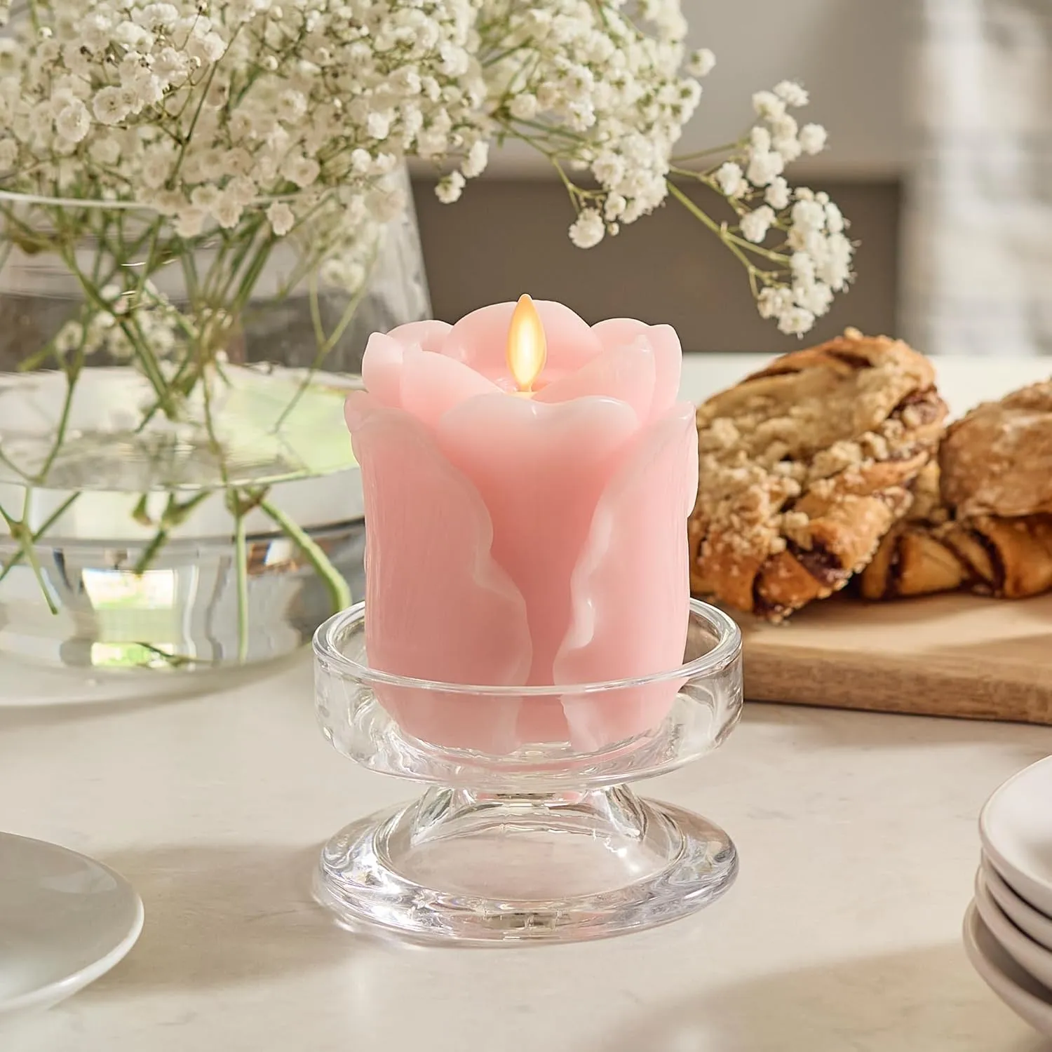 Luminara Crystal Rose Flameless Candle - 3.6" x 4.3" Rosebud Pillar - Real Flame Technology w/Flickering LED Light - Perfect for Mother's Day