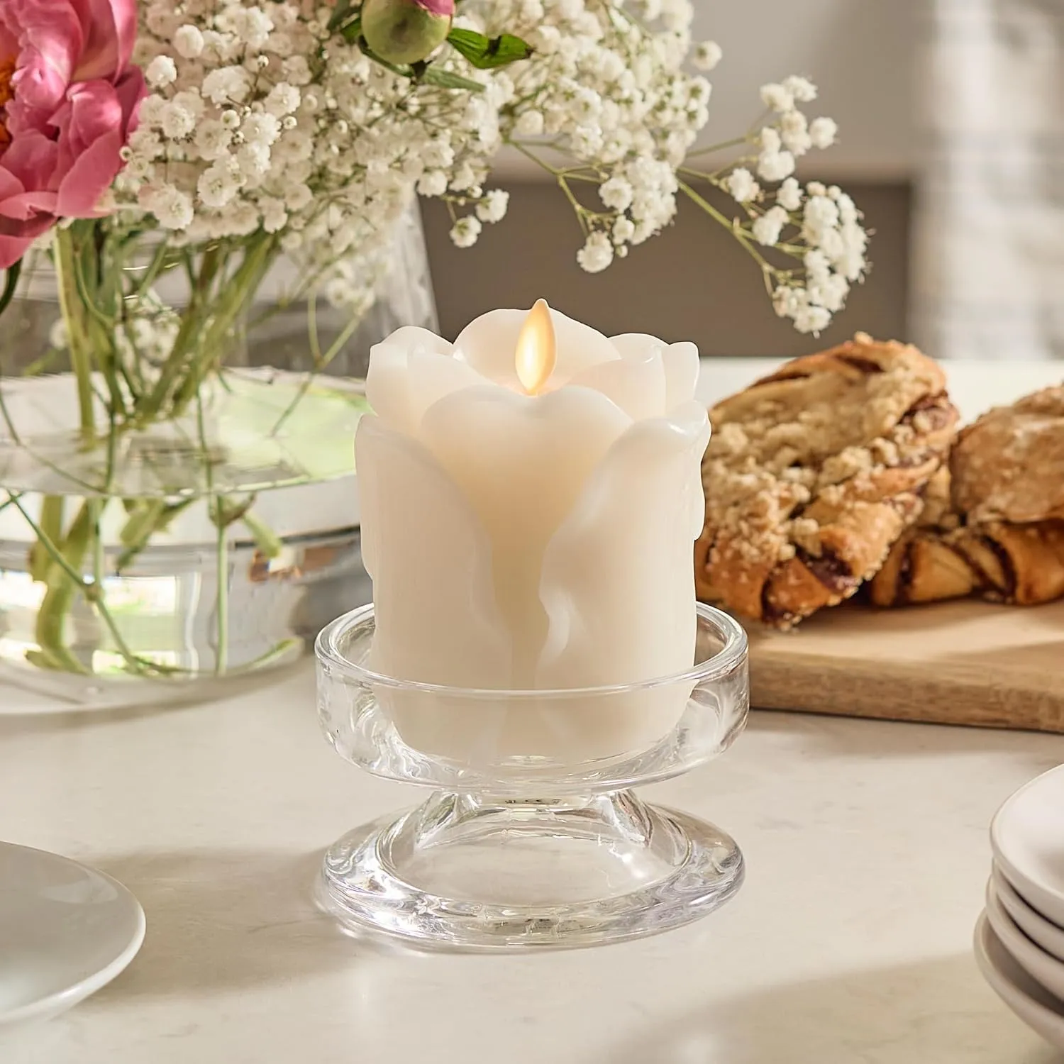Luminara Snow White Rose Flameless Candle - 3.6" x 4.3" Rosebud Pillar - Real Flame Technology w/Flickering LED Light - Perfect for Mother's Day